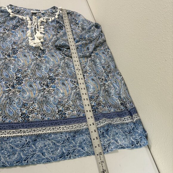 Susan Graver Tunic Top Womens Size 1X Blue Paisley Chiffon Blouse Tassel Boho - Picture 9 of 12